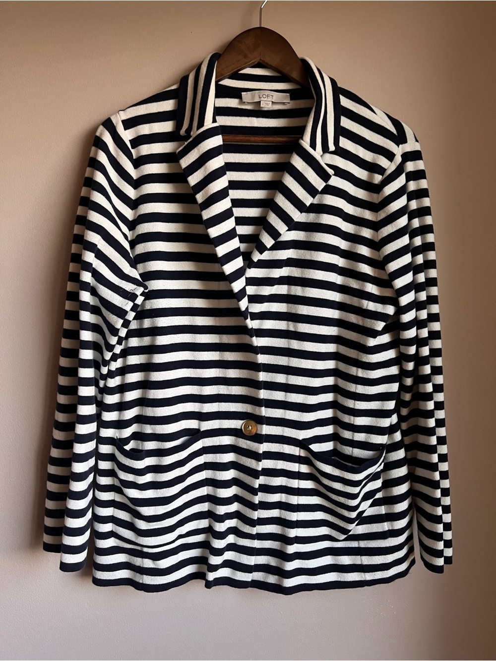 LOFT Navy White Striped Knit Blazer Cardigan Jacket Cotton Blend Nautical Preppy
